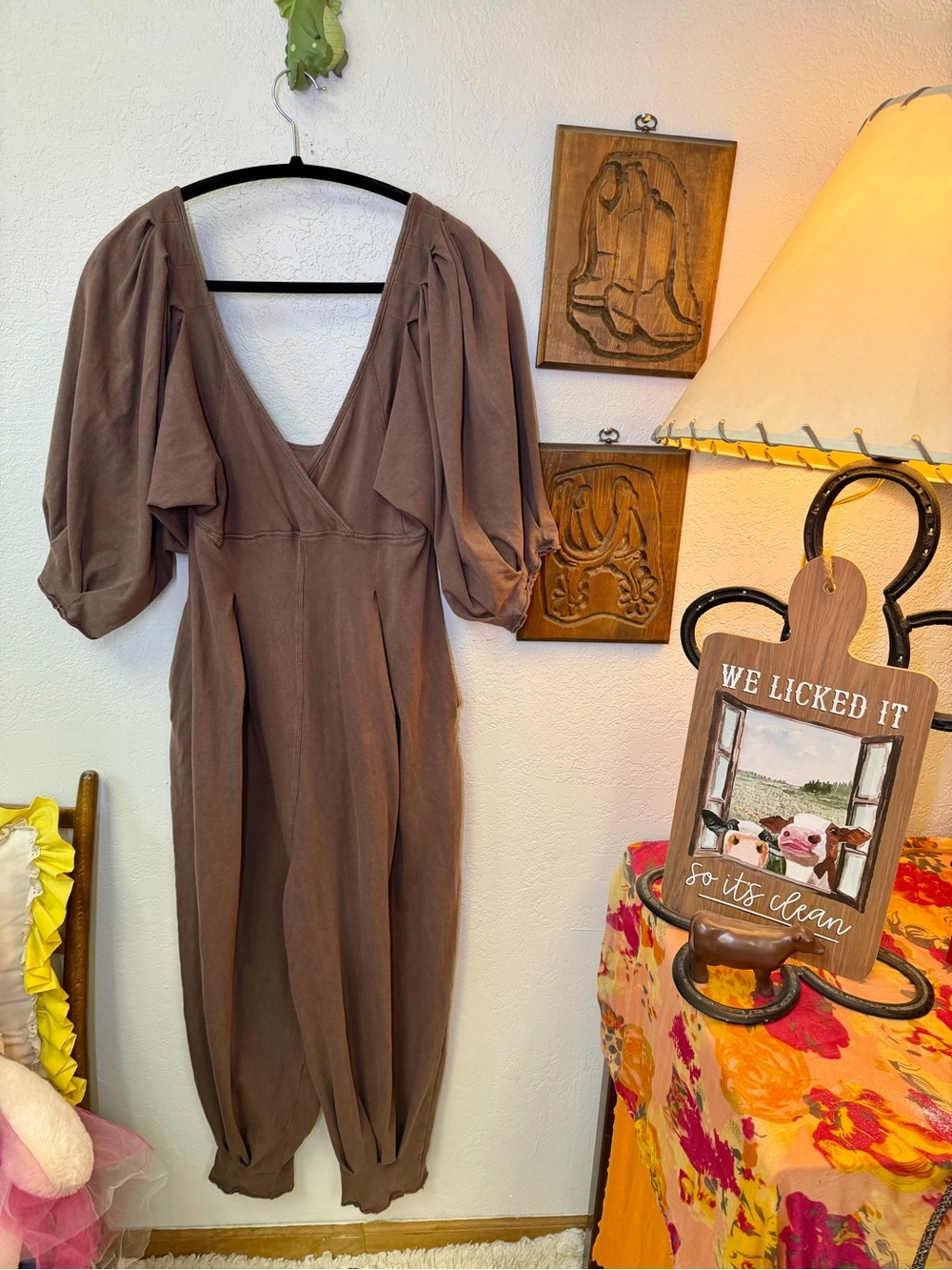 Intimately Free People Off Shoulder Empire Waist Jogger Harem Jumpsuit XS Brown - Picture 6 of 16